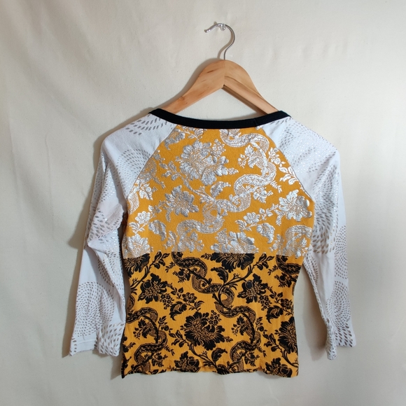 CUSTO BARCELONA White & Yellow Mid Sleeve Scoop Neck Traditional Design Shirt M - Picture 8 of 13